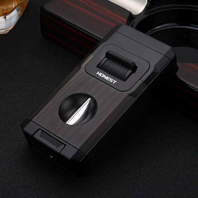 Honest Creative Double Blue Flame Lighter Adjustable Flame Bottom V-shaped cigar cutter Visual Gas Tank Ignition Man Gadgets