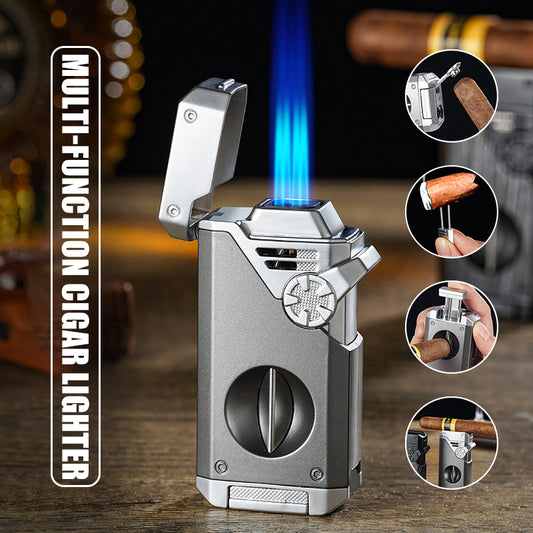 Four Blue Flame Rocker Cigar Lighter V-Cigar Cutter Cigar Rig Anti-Hot Fork Visual Gas Window Multi-Function Ignition