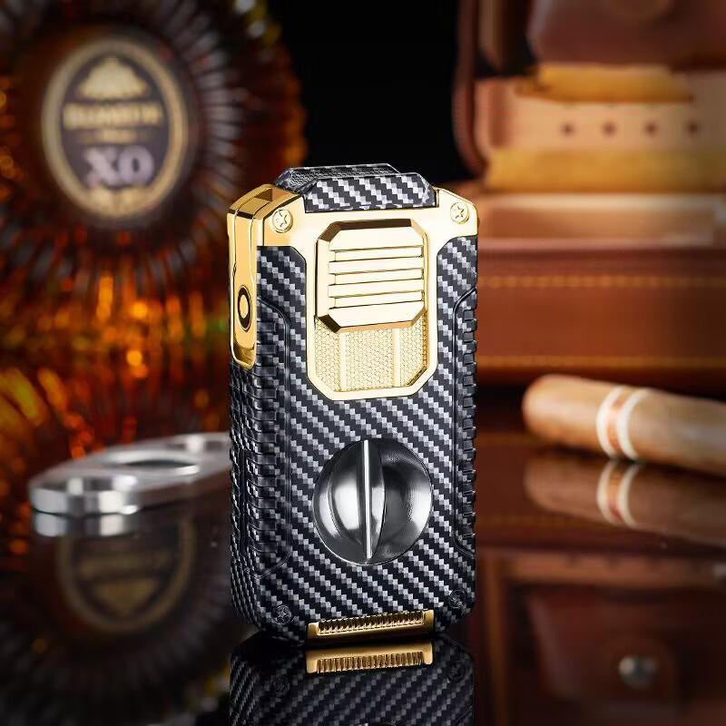 Strong Three Flame Cigar Lighter Multi-function V-shaped Cigar Cutter Bottom Cigar Drill Cigar Thru Needle Visual Gas Window
