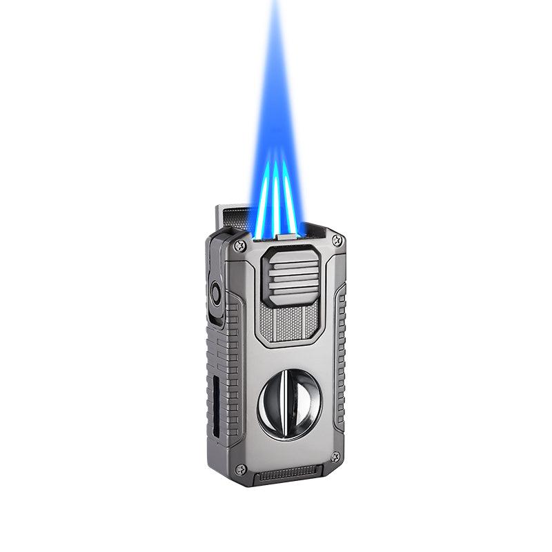Strong Three Flame Cigar Lighter Multi-function V-shaped Cigar Cutter Bottom Cigar Drill Cigar Thru Needle Visual Gas Window