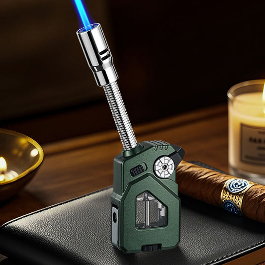 Bent Hose Cigar Lighter Windproof Blue Flame Hidden Cigar Cutter Continuous IgnitionTransparent Gas Compartment