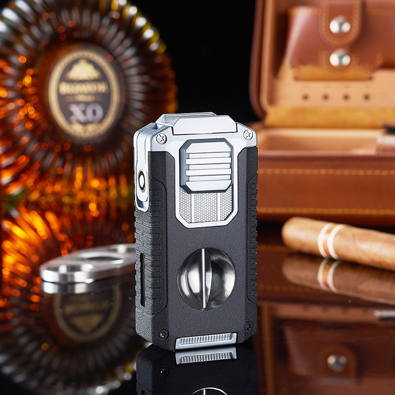 Strong Three Flame Cigar Lighter Multi-function V-shaped Cigar Cutter Bottom Cigar Drill Cigar Thru Needle Visual Gas Window