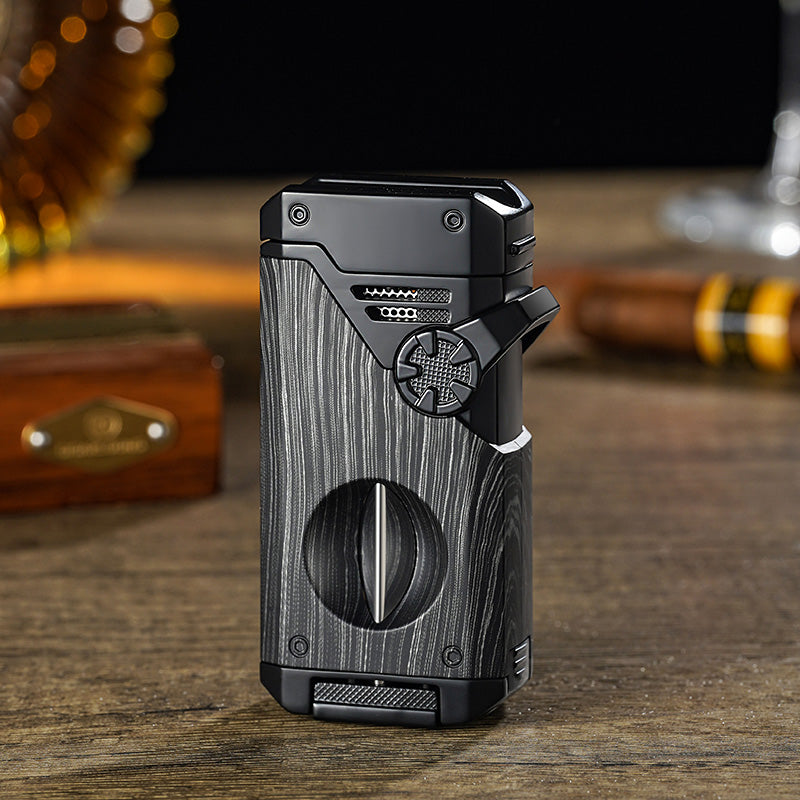Four Blue Flame Rocker Cigar Lighter V-Cigar Cutter Cigar Rig Anti-Hot Fork Visual Gas Window Multi-Function Ignition