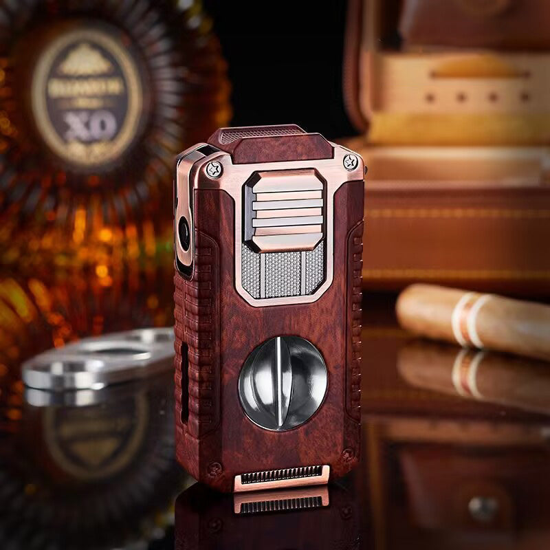 Strong Three Flame Cigar Lighter Multi-function V-shaped Cigar Cutter Bottom Cigar Drill Cigar Thru Needle Visual Gas Window
