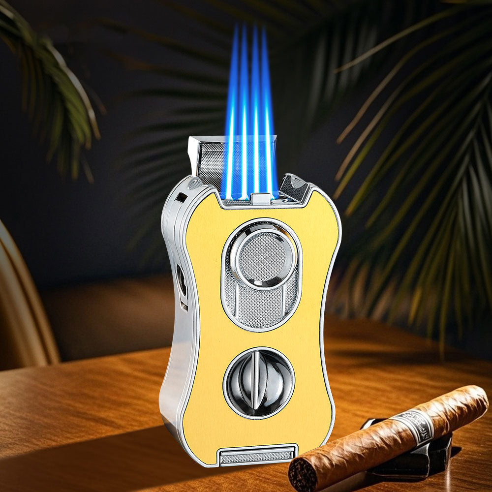 6-in-1 Multifunctional Cigar Lighter Strong Four Blue Flame Multiple Cigar Cutter Alloy Body