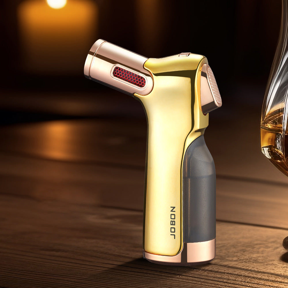 JOBON Four Flame Cigar Lighter Bottom Cigar Rigger Design Security Latch Transparent Gas Window Strong Windproof Flame