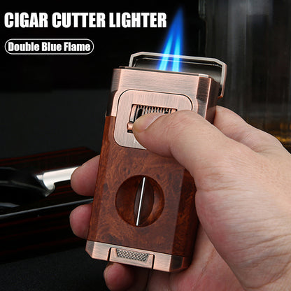 Honest Creative Double Blue Flame Lighter Adjustable Flame Bottom V-shaped cigar cutter Visual Gas Tank Ignition Man Gadgets