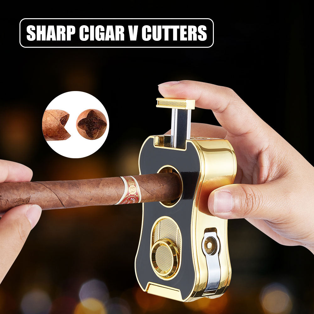 6-in-1 Multifunctional Cigar Lighter Strong Four Blue Flame Multiple Cigar Cutter Alloy Body