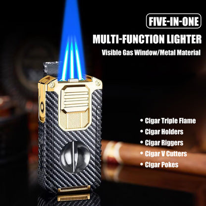 Strong Three Flame Cigar Lighter Multi-function V-shaped Cigar Cutter Bottom Cigar Drill Cigar Thru Needle Visual Gas Window