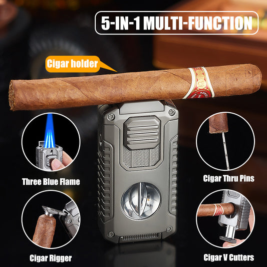 Strong Three Flame Cigar Lighter Multi-function V-shaped Cigar Cutter Bottom Cigar Drill Cigar Thru Needle Visual Gas Window