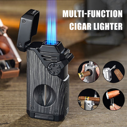 Four Blue Flame Rocker Cigar Lighter V-Cigar Cutter Cigar Rig Anti-Hot Fork Visual Gas Window Multi-Function Ignition