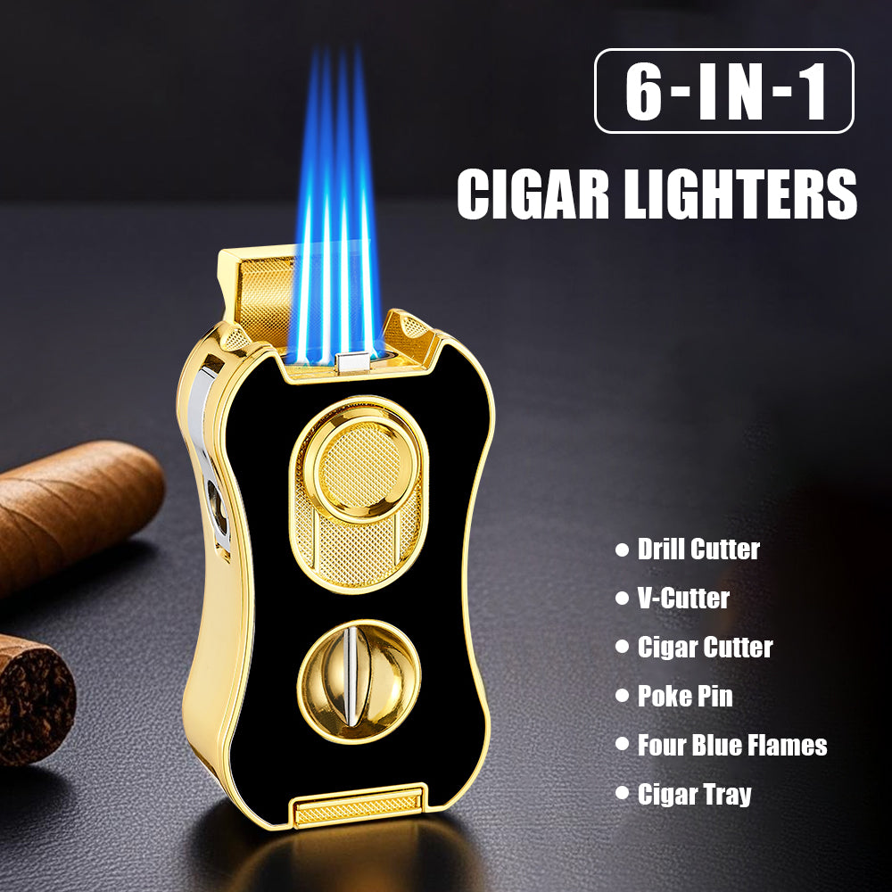 6-in-1 Multifunctional Cigar Lighter Strong Four Blue Flame Multiple Cigar Cutter Alloy Body