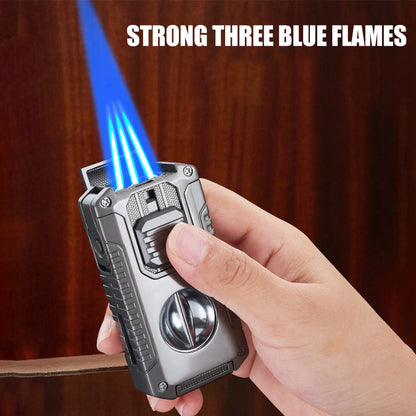 Strong Three Flame Cigar Lighter Multi-function V-shaped Cigar Cutter Bottom Cigar Drill Cigar Thru Needle Visual Gas Window