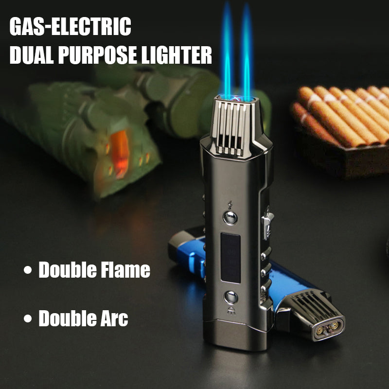 Multifunctional Gas And Electric Lighter  Double Arc  Double Blue Flame White Night Light With Power Display Outdoor Windproof
