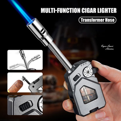 Bent Hose Cigar Lighter Windproof Blue Flame Hidden Cigar Cutter Continuous IgnitionTransparent Gas Compartment