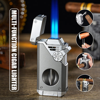 Four Blue Flame Rocker Cigar Lighter V-Cigar Cutter Cigar Rig Anti-Hot Fork Visual Gas Window Multi-Function Ignition