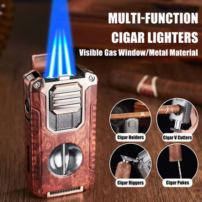 Strong Three Flame Cigar Lighter Multi-function V-shaped Cigar Cutter Bottom Cigar Drill Cigar Thru Needle Visual Gas Window