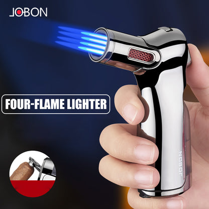 JOBON Four Flame Cigar Lighter Bottom Cigar Rigger Design Security Latch Transparent Gas Window Strong Windproof Flame