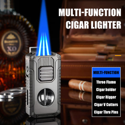 Strong Three Flame Cigar Lighter Multi-function V-shaped Cigar Cutter Bottom Cigar Drill Cigar Thru Needle Visual Gas Window