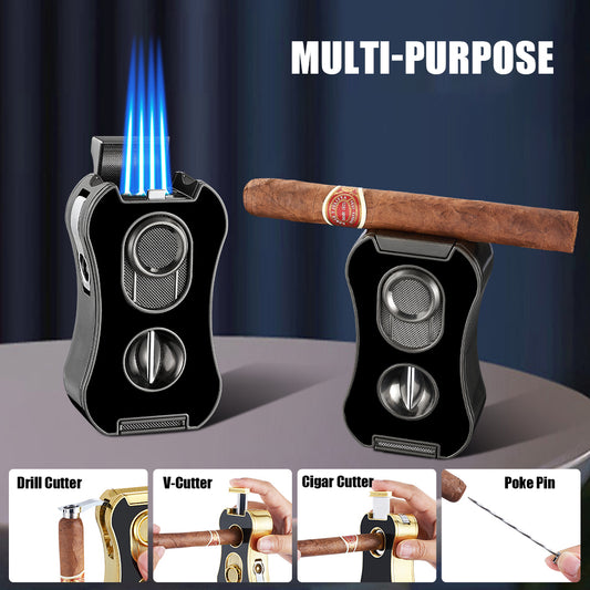 6-in-1 Multifunctional Cigar Lighter Strong Four Blue Flame Multiple Cigar Cutter Alloy Body