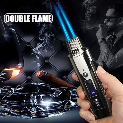 Multifunctional Gas And Electric Lighter  Double Arc  Double Blue Flame White Night Light With Power Display Outdoor Windproof