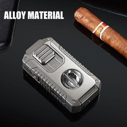 Strong Three Flame Cigar Lighter Multi-function V-shaped Cigar Cutter Bottom Cigar Drill Cigar Thru Needle Visual Gas Window