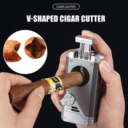 Four Blue Flame Rocker Cigar Lighter V-Cigar Cutter Cigar Rig Anti-Hot Fork Visual Gas Window Multi-Function Ignition