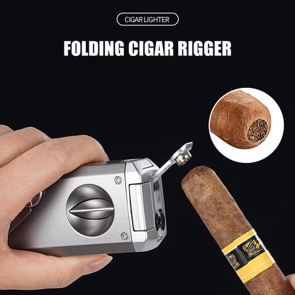 Four Blue Flame Rocker Cigar Lighter V-Cigar Cutter Cigar Rig Anti-Hot Fork Visual Gas Window Multi-Function Ignition