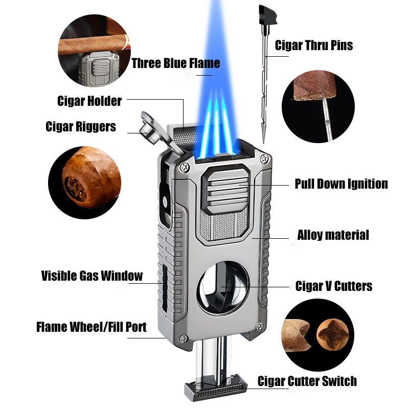Strong Three Flame Cigar Lighter Multi-function V-shaped Cigar Cutter Bottom Cigar Drill Cigar Thru Needle Visual Gas Window