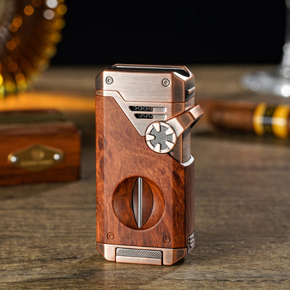 Four Blue Flame Rocker Cigar Lighter V-Cigar Cutter Cigar Rig Anti-Hot Fork Visual Gas Window Multi-Function Ignition