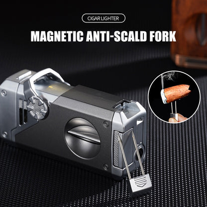 Four Blue Flame Rocker Cigar Lighter V-Cigar Cutter Cigar Rig Anti-Hot Fork Visual Gas Window Multi-Function Ignition