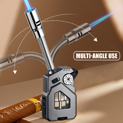 Bent Hose Cigar Lighter Windproof Blue Flame Hidden Cigar Cutter Continuous IgnitionTransparent Gas Compartment