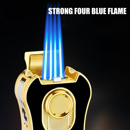 6-in-1 Multifunctional Cigar Lighter Strong Four Blue Flame Multiple Cigar Cutter Alloy Body