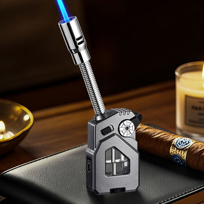 Bent Hose Cigar Lighter Windproof Blue Flame Hidden Cigar Cutter Continuous IgnitionTransparent Gas Compartment
