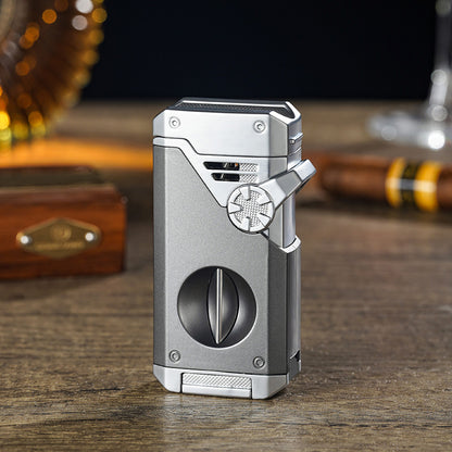 Four Blue Flame Rocker Cigar Lighter V-Cigar Cutter Cigar Rig Anti-Hot Fork Visual Gas Window Multi-Function Ignition