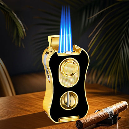 6-in-1 Multifunctional Cigar Lighter Strong Four Blue Flame Multiple Cigar Cutter Alloy Body