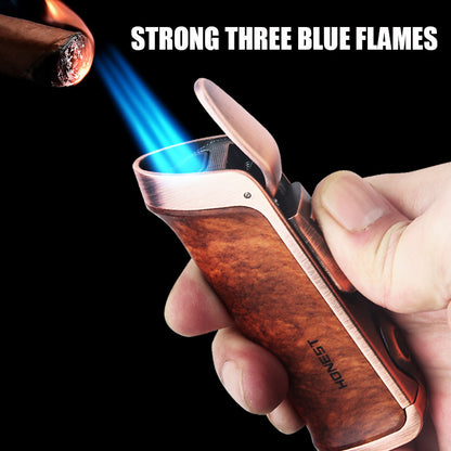 Honest Three Blue Flame Cigar Inflatable Lighter Cigar Cutter Design Pull Down Ignition Adjustable Flame Size Ignition Tool