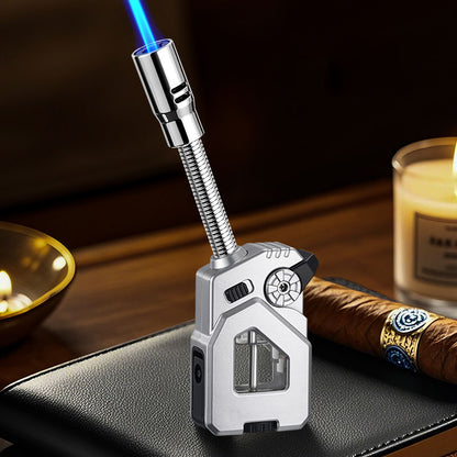 Bent Hose Cigar Lighter Windproof Blue Flame Hidden Cigar Cutter Continuous IgnitionTransparent Gas Compartment