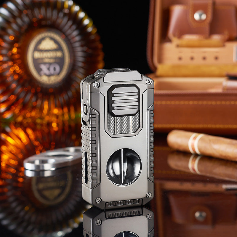 Strong Three Flame Cigar Lighter Multi-function V-shaped Cigar Cutter Bottom Cigar Drill Cigar Thru Needle Visual Gas Window