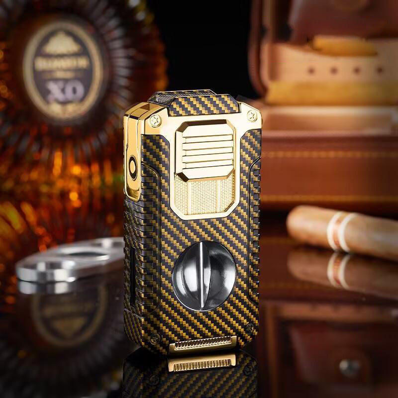 Strong Three Flame Cigar Lighter Multi-function V-shaped Cigar Cutter Bottom Cigar Drill Cigar Thru Needle Visual Gas Window