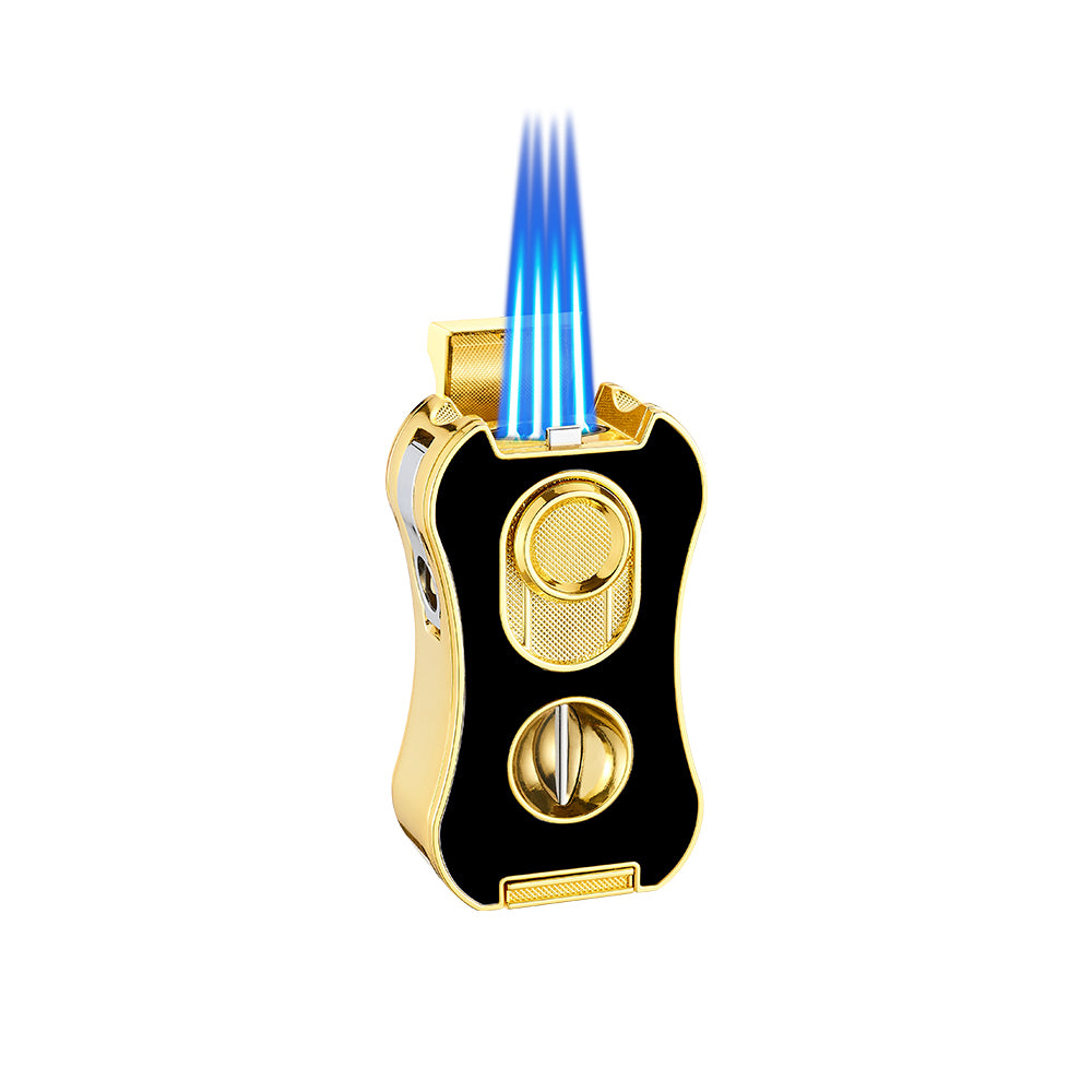 6-in-1 Multifunctional Cigar Lighter Strong Four Blue Flame Multiple Cigar Cutter Alloy Body