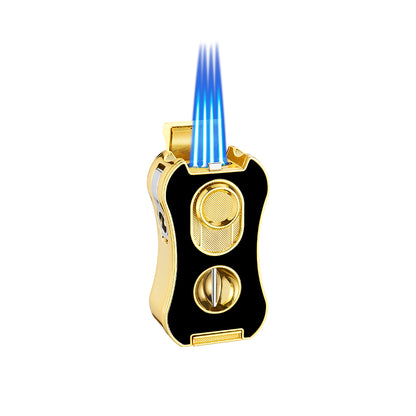 6-in-1 Multifunctional Cigar Lighter Strong Four Blue Flame Multiple Cigar Cutter Alloy Body