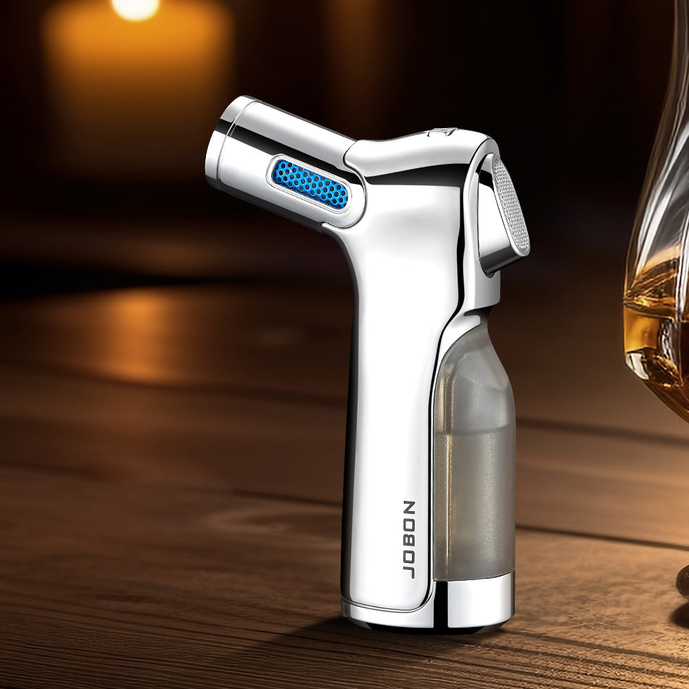 JOBON Four Flame Cigar Lighter Bottom Cigar Rigger Design Security Latch Transparent Gas Window Strong Windproof Flame