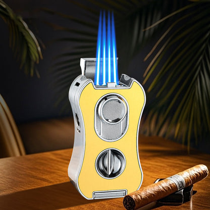 6-in-1 Multifunctional Cigar Lighter Strong Four Blue Flame Multiple Cigar Cutter Alloy Body